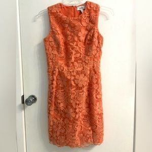 Belle Badgley Mischka Floral Embroidered Overlay Sheath Dress Coral Sz 6